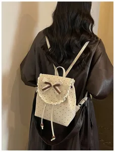 Sweet polka dot mini backpack with lace trim and bow knot for women casual daily wear chic style