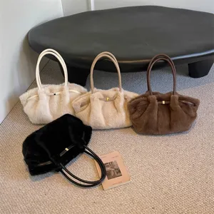 Borsa Tote da Donna in Peluche Pelliccia Sintetica Grande Capacità Tracolla Pendolare Moda Invernale Tinta Unita