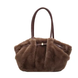 Borsa a spalla soffice marrone da donna, grande capacità borsa invernale sottoascella.