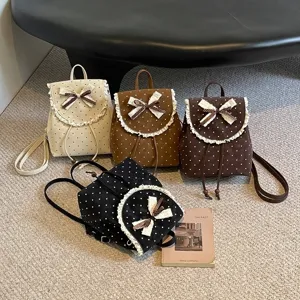 Womens Suede Backpack Polka Dot Lace Edge Bow Korean Style Retro Sweet Girl Small Fashion Travel Backpack For Daily Use