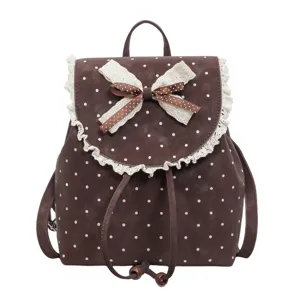 Sweet retro polka dot backpack with lace trim and cute bow for women casual daily use.