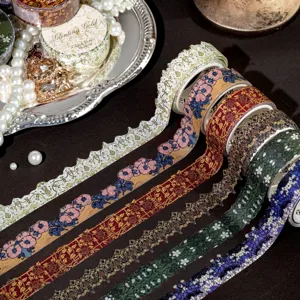 Momo Nastro Washi con Glitter Ombra di Fiori Dorati Bordo in Pizzo Fustellato Nastro Deco per Journaling Scrapbooking Fai da Te Nastro Adesivo Decorativo