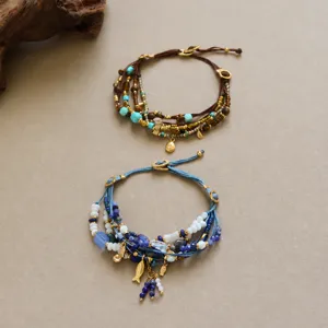 Bracelet Multicouche Vintage Tissé à la Main Perles Laiton Pierre Naturelle Turquoise Coquille Bracelet Bohème pour Femme Bijoux