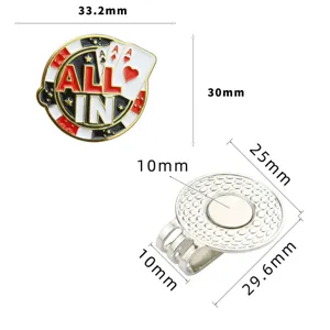Vue détaillée du marqueur de balle de golf de poker et clip aimanté avec dimensions.