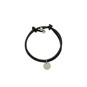 Black braided leather bracelet with silver round pendant and metal ball clasp for women.