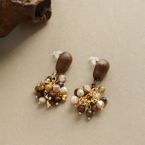 Boucles d'Oreilles Pendantes Vintage Tige en Argent Sterling 925 Pierre Œil de Tigre Perles Style Maillard Laiton Coquillage Bois Pour Femmes