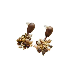 Boucles d'oreilles pendantes en bois rétro et perles de pierre naturelle pour femmes.