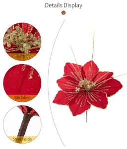 Christmas artificial red poinsettia flower branch with gold glitter silk fabric view