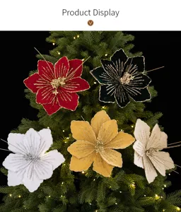 Christmas gold glitter fabric artificial flower branch decorative floral styling for tree decor
