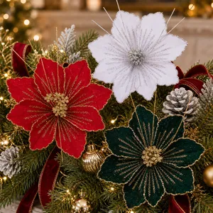 Christmas glitter fabric artificial flower stems decorative floral picks for tree party decor.