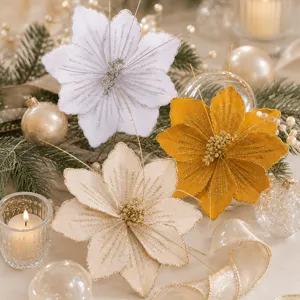 Christmas glitter fabric artificial flower picks floral decor for tree party display