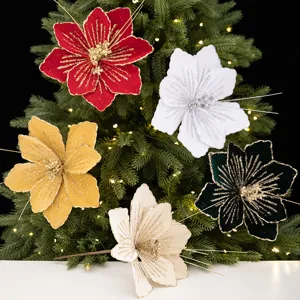 Christmas glitter fabric artificial flowers branch decorative floral for tree party layout