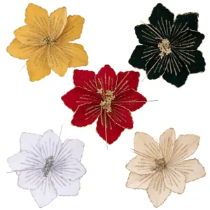Christmas glitter fabric artificial flower branches decorative floral styling for tree party decor.