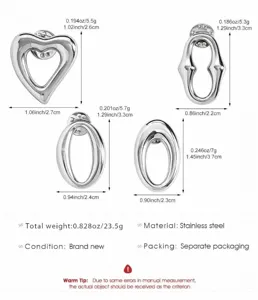 Stainless steel abstract brooch pin set size chart, dimensions and weight specifications.