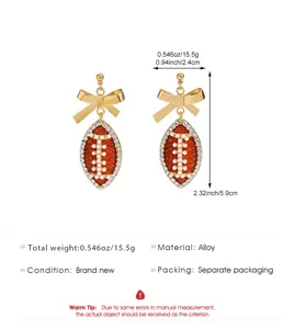 Gold-toned football bow earrings with rhinestones and pearls, alloy fashion jewelry for fans.