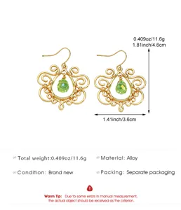 Detailed view of retro bohemian hollow alloy earrings with green teardrop crystal pendant.