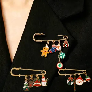 Christmas Alloy Enamel Brooch Pin Snowman Reindeer Gift Box Hanging Pendants Safety Pin Jewelry For Festival Party Apparel Accessory