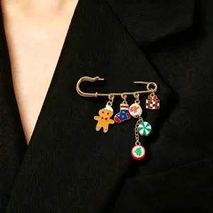 Christmas pendant brooch stylish gold safety pin with cute enamel charms like gingerbread and gift.