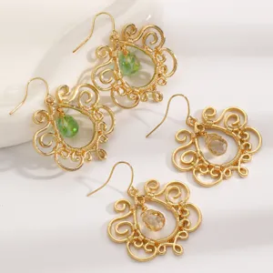 Vintage gold-plated filigree dangle earrings with colorful teardrop crystal beads bohemian style.