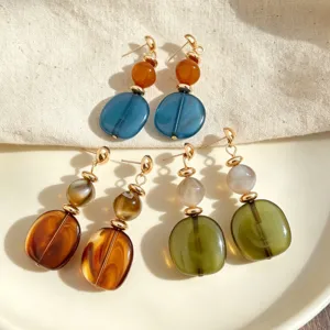 Retro acrylic long drop earrings with chic multi-color resin beads and metallic accents for women.