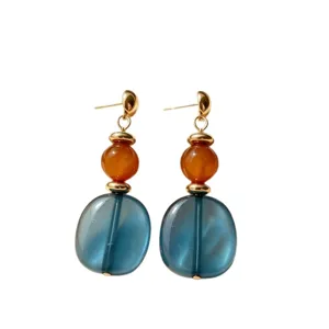 Retro contrast color long earrings, vintage acrylic & metal jewelry for women style.