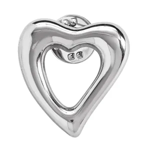 Silver hollow heart brooch detail, stylish metallic finish accessory close up view.