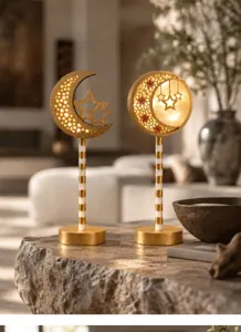 Lampada da tavolo LED in legno con luna e stella, luce notturna decorativa per feste accoglienti.