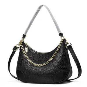 Detailed view of black textured hobo shoulder bag with stylish gold chain and leather strap.