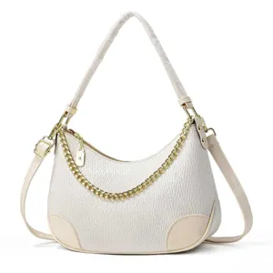 Detailed view of the chic white croc-embossed underarm shoulder bag with gold chain accent.