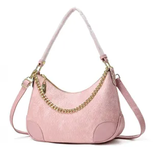 Pink crocodile pattern shoulder bag with gold chain, vintage underarm crossbody bag for women.