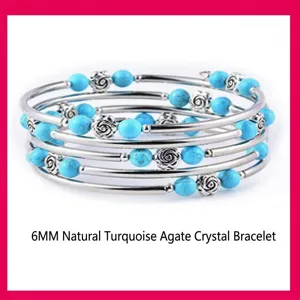 Mehrlagiges Wickelarmband mit blauen Türkis, Achat und Kristallperlen auf Silberdraht.