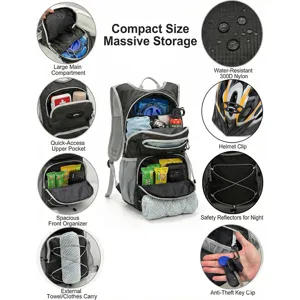 Hiking backpack detail showing water-resistant nylon fabric, spacious compartment and helmet clip.