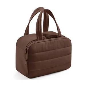 Brown quilted cosmetic bag with handles travel wash bag travel storage organizer bag