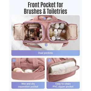 Travel cosmetic bag with multi-compartments, wet-dry separation, and portable carry handle.