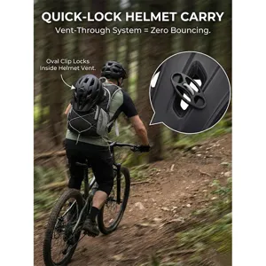 Cycling hiking backpack detail showing quick-lock helmet carry and vent-through system.
