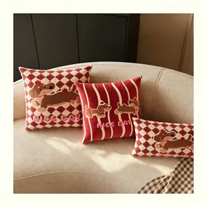 Cute dachshund cartoon print throw pillow set, soft couch cushion detail view for living room