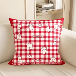 Rot-weißer Karomuster Katzen Kissenbezug, süßes Dekokissen für Sofa Schlafzimmer Innendekoration.