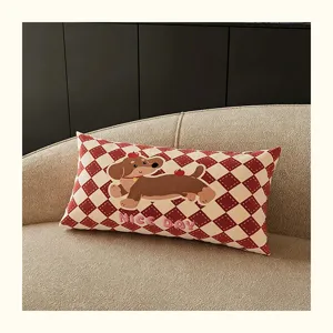 Red checkered cute dachshund cartoon sofa cushion comfortable pillow cover for home office