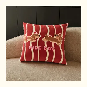 Red striped cute puppy cartoon decorative pillow sofa cushion for home and office use.