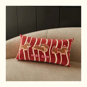 Red striped cartoon dachshund cushion cover comfortable soft sofa throw pillow detail.