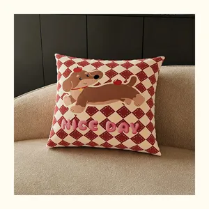 Red checkered cartoon puppy throw pillow cozy soft sofa cushion for living room office car use.