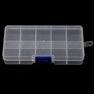 Transparent plastic 10-grid partitioned storage box detail view, clear grid display for small items.