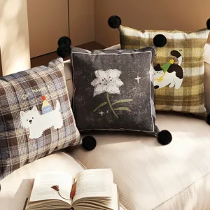 Cartoon Animal Throw Pillow Cover Decorative Cute Plush Cushion Case With Pom Poms For Living Room Sofa Bedside