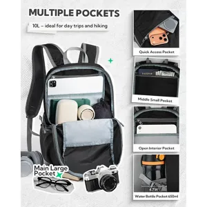 Detailed view of a 10L lightweight black backpack featuring multiple convenient storage pockets.