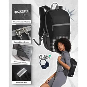Detailed view of lightweight outdoor cycling backpack showing water-resistant fabric and zippers.