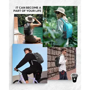 Lightweight foldable outdoor backpack detail showing multi-scenarios for hiking and travel.