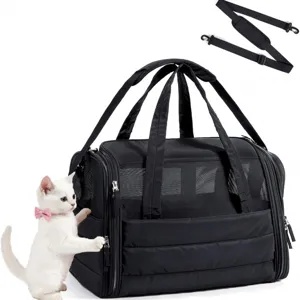 Black soft-sided pet carrier bag for cats and small dogs, quilted foldable design with straps.