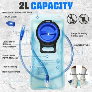 Hydration bladder detail view, 2L capacity, silicone mouthpiece, and food grade PEVA.