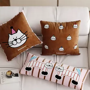 Estilo Maillard Lindo Patrón de Gato Funda de Cojín de Peluche Cuadrado Largo Cojín de Cintura Sala de Estar Sofá Cama Decoración