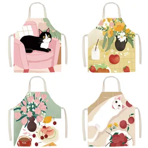 Waterproof Kitchen Apron Cartoon Cat Floral Printed Polyester Cooking Apron For Women Kids Adult Home Baking Chef Bib